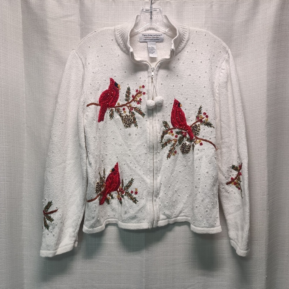 Tiara International‎ Christmas White Cardigan Zip Cardinal Knit Heavy Womens L